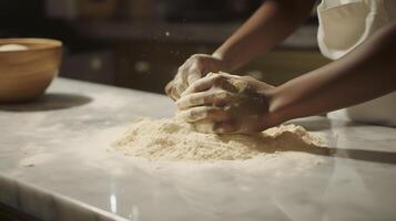 generativo ai, manos de panadero en restaurante o hogar cocina, prepara ecológicamente natural pasteles foto