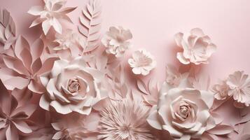 , Paper cut craft flowers and leaves, light pink color, floral origami textured background, spring mood. Photorealistic effect. photo