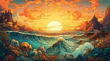 , ocean in the sunset linear illustration, psychedelic manga style, highly detailed. Anime colorful style photo