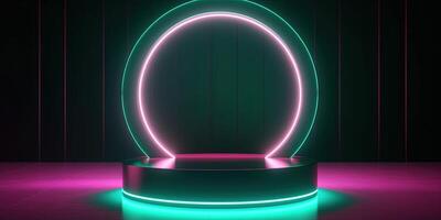 , Sci-Fi Futuristic neon glowing banner with podium. Abstract cyberpunk background for promotion goods. Mockup template photo