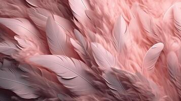 , Beautiful light pink closeup feathers, photorealistic background. Small fluffy pink feathers randomly scattered forming photo