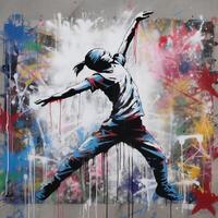 , Dancing woman or girl, dynamic motion. Ink paint colorful splashes street graffiti art on a textured paper vintage background, inspired by Banksy. photo