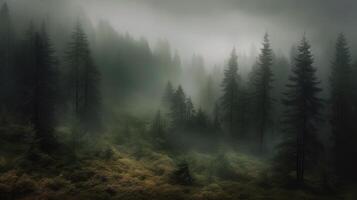 , Misty fir forest beautiful landscape in hipster vintage retro style, foggy mountains and trees photo