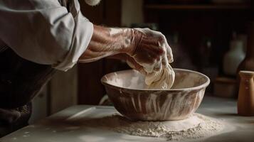 , Hands of baker in restaurant or home kitchen, prepares ecologically natural pastries photo