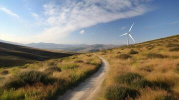 generativo ai, viento turbinas en un campo, verde granja paisaje. ambientalmente Respetuoso del medio ambiente poder generación. renovable energía fuente. foto