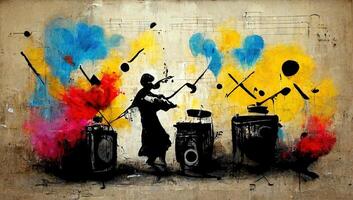 , Abstract Street art with keys and musical instruments silhouettes. Ink colorful graffiti art on a textured paper vintage background, inspired by Banksy photo