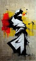 , Ink black street graffiti art on a textured paper vintage background, inspired by Banksy. Vertical poster. photo