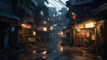 , Night scene of after rain city in cyberpunk style, futuristic nostalgic 80s, 90s. Neon lights vibrant colors, photorealistic horizontal illustration. photo