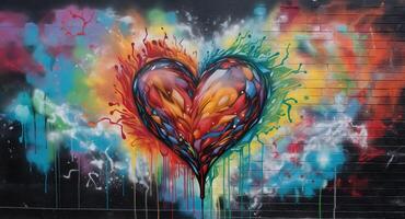 , Colorful heart as graffiti love symbol on the wall, street art. Melted paint. photo