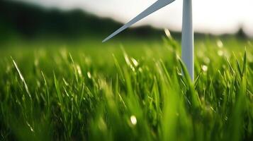 , wind turbines in a field, green farm landscape. Environmentally eco-friendly power generation. Renewable energy source. photo
