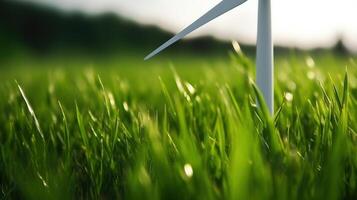 generativo ai, viento turbinas en un campo, verde granja paisaje. ambientalmente Respetuoso del medio ambiente poder generación. renovable energía fuente. foto