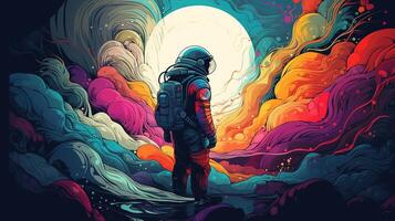 , Psychedelic Space banner template in anime manga line art style. Horizontal illustration of the future landscape with mountains, planets, trees, moon. Surrealist escapism concept. photo