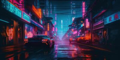 , Night scene of after rain city in cyberpunk style, futuristic nostalgic 80s, 90s. Neon lights vibrant colors, photorealistic horizontal illustration. photo