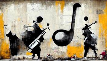 , Abstract Street art with keys and musical instruments silhouettes. Ink colorful graffiti art on a textured paper vintage background, inspired by Banksy photo