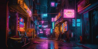 , Night scene of city in cyberpunk style, futuristic nostalgic 80s, 90s. Neon lights vibrant colors, photorealistic horizontal illustration. photo