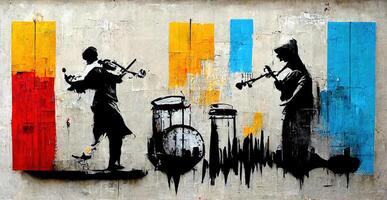 , Abstract Street art with keys and musical instruments silhouettes. Ink colorful graffiti art on a textured paper vintage background, inspired by Banksy photo