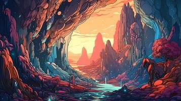 , Psychedelic Space banner template in anime manga line art style. Horizontal illustration of the future landscape with mountains, planets, trees, moon. Surrealist escapism concept. photo