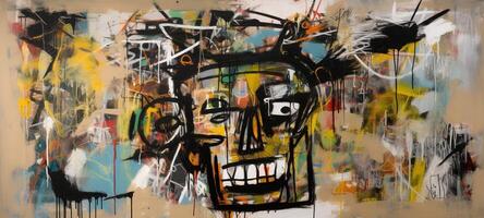 , street graffiti abstract art with ugly face on a textured wall vintage background, inspired by Jean-Michel Basquiat, New York urban style. photo