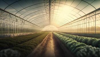 , Greenhouse from the glass, tent-glass garden with a lot of plants. Photorealistic effect. photo