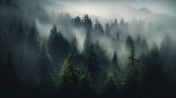 , Misty fir forest beautiful landscape in hipster vintage retro style, foggy mountains and trees photo