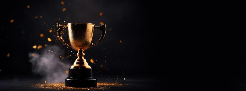 , Winner trophy with flames, golden champion cup with falling confetti on dark background photo