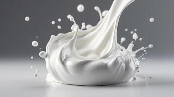 , Flowing liquid with splashes in white color. Glossy creamy milk fluid banner, 3D effect, modern macro photorealistic abstract background illustration. photo