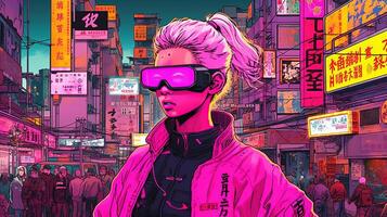 generativo ai, persona en anteojos, cyberpunk anime estilo inspirado por josan gonzalez ligero amarillo y rosado colores, virtual realidad concepto foto