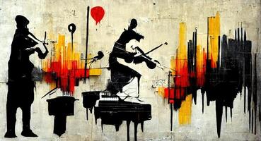 , Abstract Street art with keys and musical instruments silhouettes. Ink colorful graffiti art on a textured paper vintage background, inspired by Banksy photo