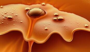 , Flowing liquid with splashes in apricot color. Glossy cream caramel fluid banner, 3D effect, modern macro photorealistic abstract background illustration.. photo