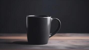 generativo ai, negro cerámico taza configuración en a hogar interior, jarra burlarse de arriba blanco. foto