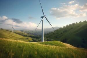 generativo ai, viento turbinas en un campo, verde granja paisaje. ambientalmente Respetuoso del medio ambiente poder generación. renovable energía fuente. foto