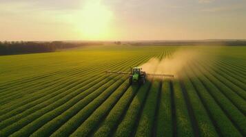 , Farm agriculture watered or pesticides spray green fields. Irrigation equipment system, aerial view photo