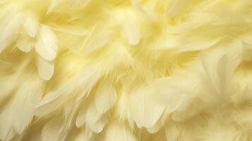 , Beautiful light yellow closeup feathers, photorealistic background. Small fluffy yellow feathers randomly scattered forming photo