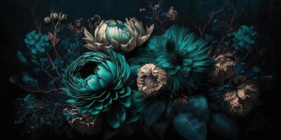 , Close up of blooming flowerbeds of amazing teal flowers on dark moody floral textured background. Photorealistic effect. photo