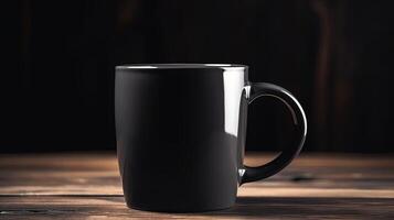 generativo ai, negro cerámico taza configuración en a hogar interior, jarra burlarse de arriba blanco. foto