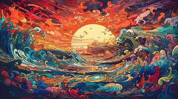 , ocean in the sunset linear illustration, psychedelic manga style, highly detailed. Anime colorful style photo