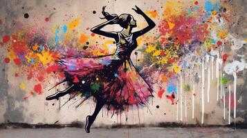 Generative AI, Dancing woman or girl, dynamic motion. Ink paint colorful splashes street graffiti art on a textured paper vintage background, inspired by Banksy. photo