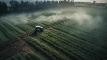 , Farm agriculture watered or pesticides spray green fields. Irrigation equipment system, aerial view photo