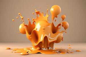 , Flowing liquid with splashes in apricot color. Glossy cream caramel fluid banner, 3D effect, modern macro photorealistic abstract background illustration. photo