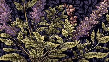 Generative AI, Floral lavender herbs colorful pattern. William Morris inspired natural plants and lavandula flowers background, vintage illustration. Foliage ornament. photo