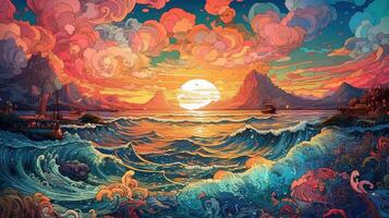 , ocean in the sunset linear illustration, psychedelic manga style, highly detailed. Anime colorful style photo