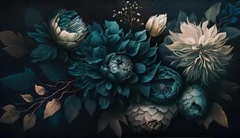 , Close up of blooming flowerbeds of amazing teal flowers on dark moody floral textured background. Photorealistic effect. photo