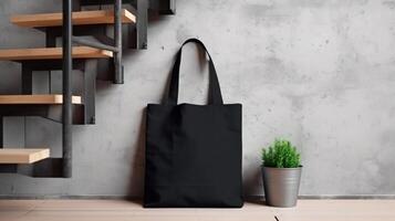 generativo ai, realista negro totalizador lona tela bolso configuración en a interior o exterior, comprador burlarse de arriba blanco. foto