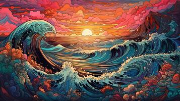 , ocean in the sunset linear illustration, psychedelic manga style, highly detailed. Anime colorful style photo