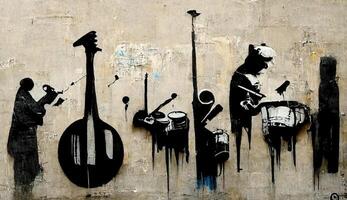 , Abstract Street art with keys and musical instruments silhouettes. Ink colorful graffiti art on a textured paper vintage background, inspired by Banksy photo