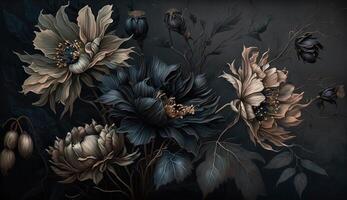 , Close up of blooming flowerbeds of amazing black flowers on dark gothic moody floral textured background. Photorealistic effect. photo