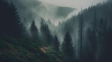 , Misty fir forest beautiful landscape in hipster vintage retro style, foggy mountains and trees photo