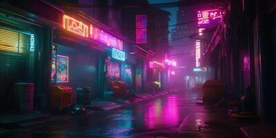 , Night scene of after rain city in cyberpunk style, futuristic nostalgic 80s, 90s. Neon lights vibrant colors, photorealistic horizontal illustration. photo