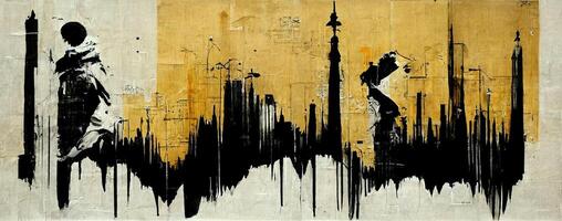 , Ink black street graffiti art on a textured paper vintage background, inspired by Banksy. photo