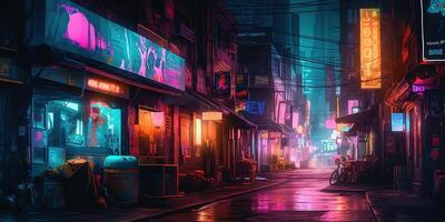 , Night scene of after rain city in cyberpunk style, futuristic nostalgic 80s, 90s. Neon lights vibrant colors, photorealistic horizontal illustration. photo